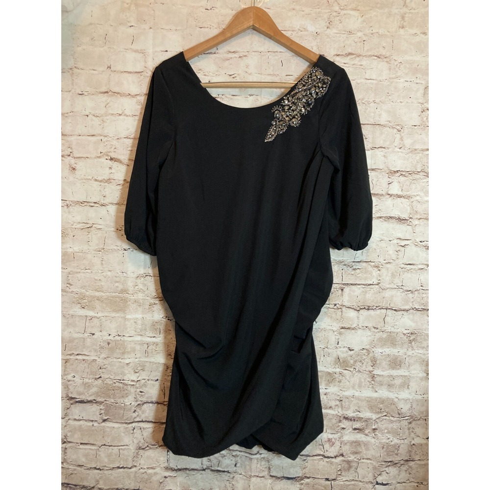 MM Couture Miss Me Dress Womens Medium LBD Black Beaded Bubble Hem Draped Slouch